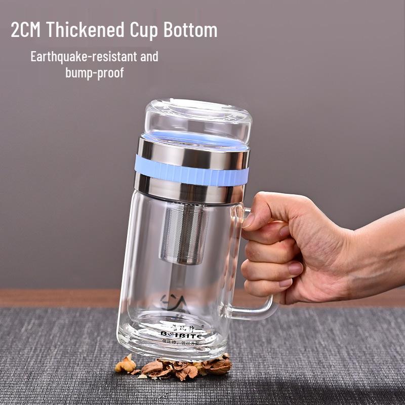 High Temperature Resistant Large Capacity Glass Tea Cup with Infuser, Double-Walled, Heat Insulated, and Portable Borosilicate Glass.