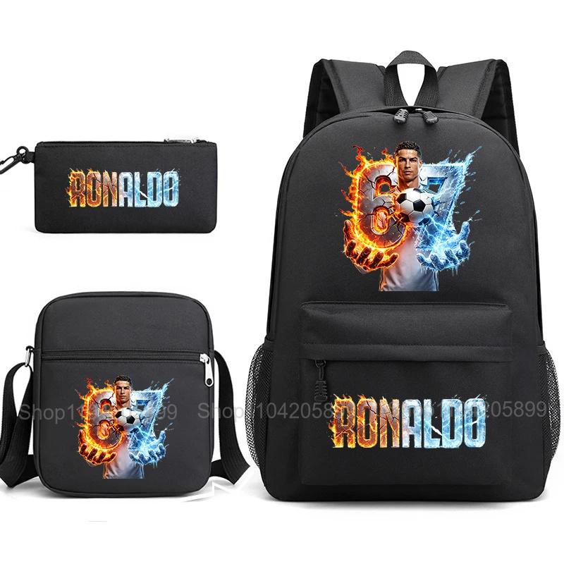 CR7 Ronaldo Backpack Football 67 Print School Bag With Shoulder Bag & Pencil Case For Student Boys Gift Daily Travel Rucksack