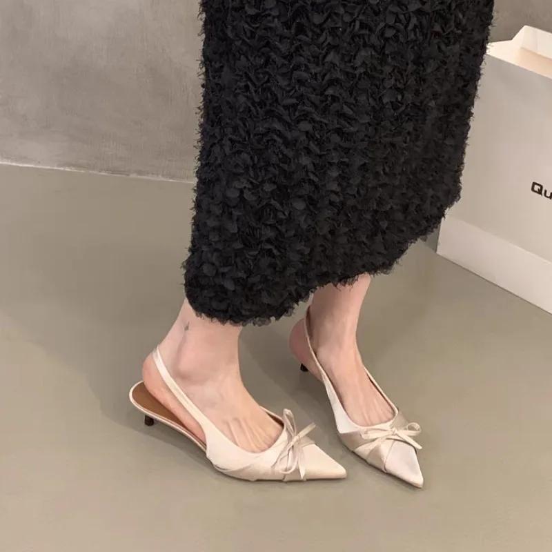 2025 Summer Women's Slingbacks Bow Tie High Heels Pointed Toe Slip On Thin Heels Sandal with Plus Size Dress Pumps Women