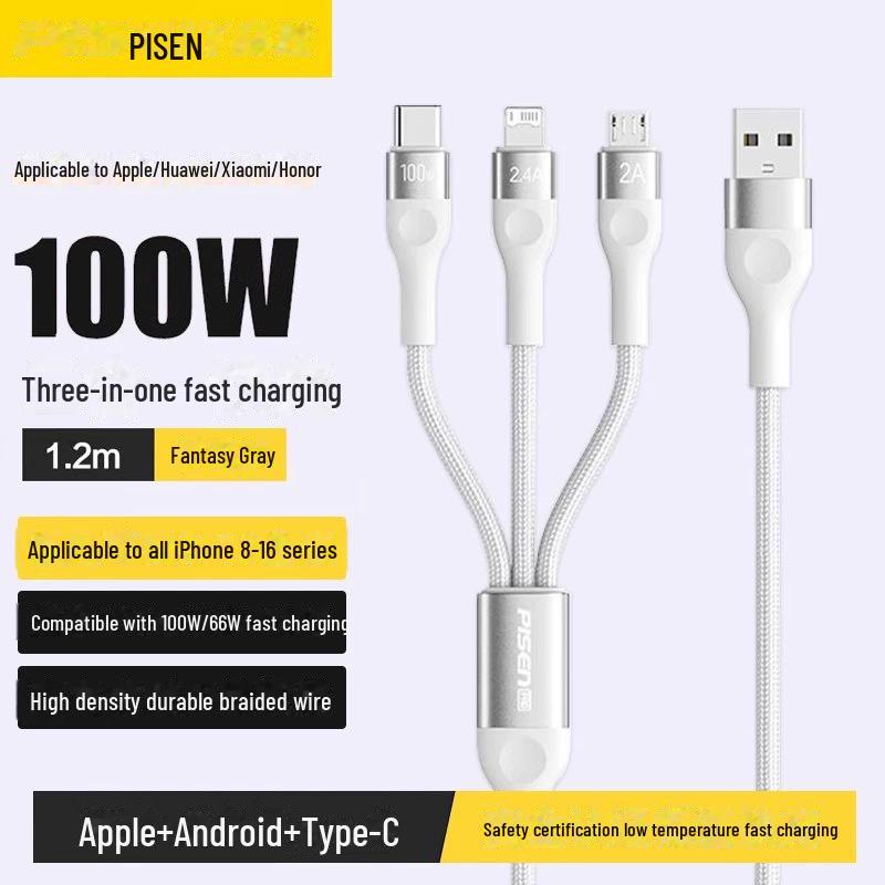 PISEN 3-in-1 Multi-Function Charging Cable: Compatible with Apple 14, Android, Type-C Devices.