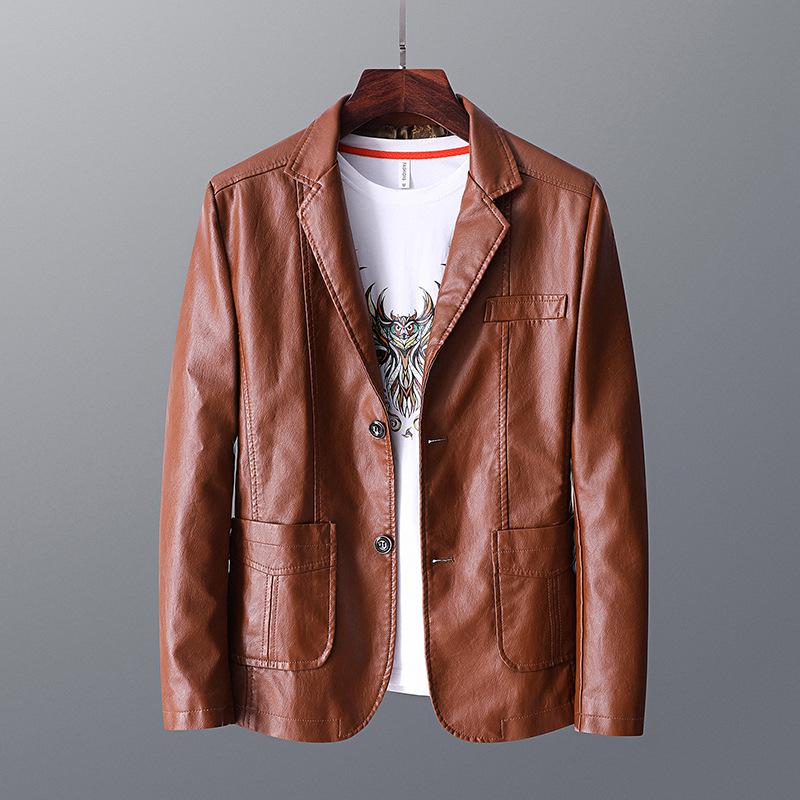 Men's Slim Fit Leather Jacket with Fleece Lining – Korean Style Lapel Suit for Autumn/Winter
