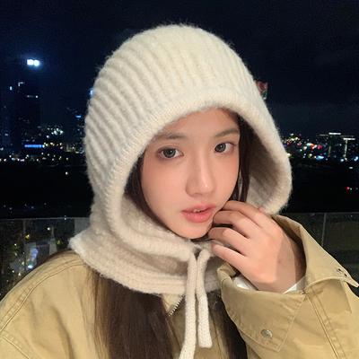 Autumn and Winter Hats for Women  One Piece Big Head Circumference Balaclava Hat Korean Versatile Windproof and Warm Wool Hat
