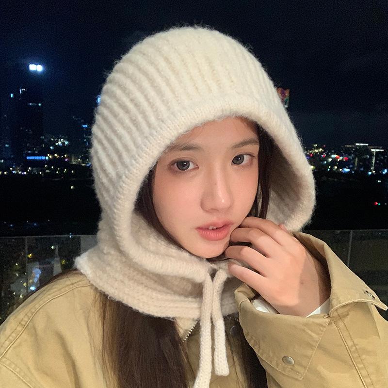 Autumn and Winter Hats for Women  One Piece Big Head Circumference Balaclava Hat Korean Versatile Windproof and Warm Wool Hat