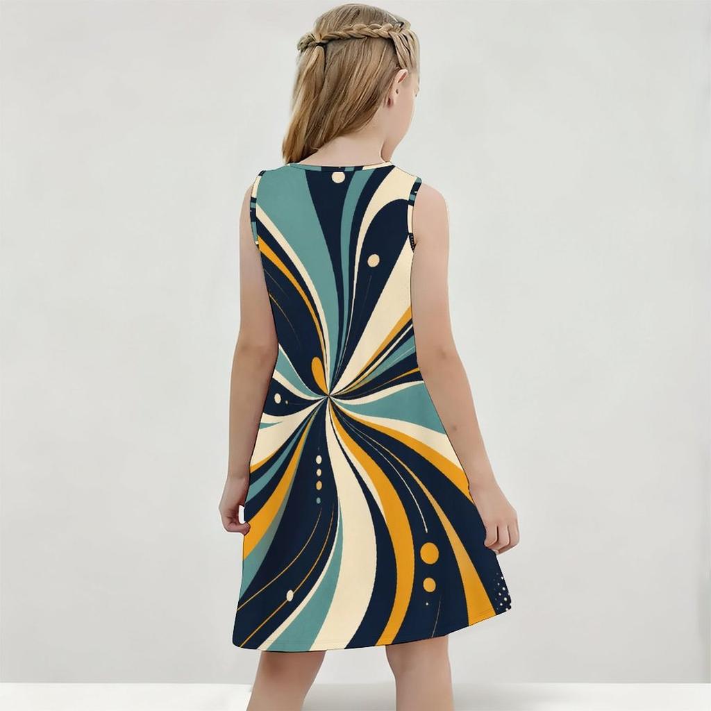 Girls Sleeveless Round Neck Geometric Printed A Line Flared Dress Red Black Beige