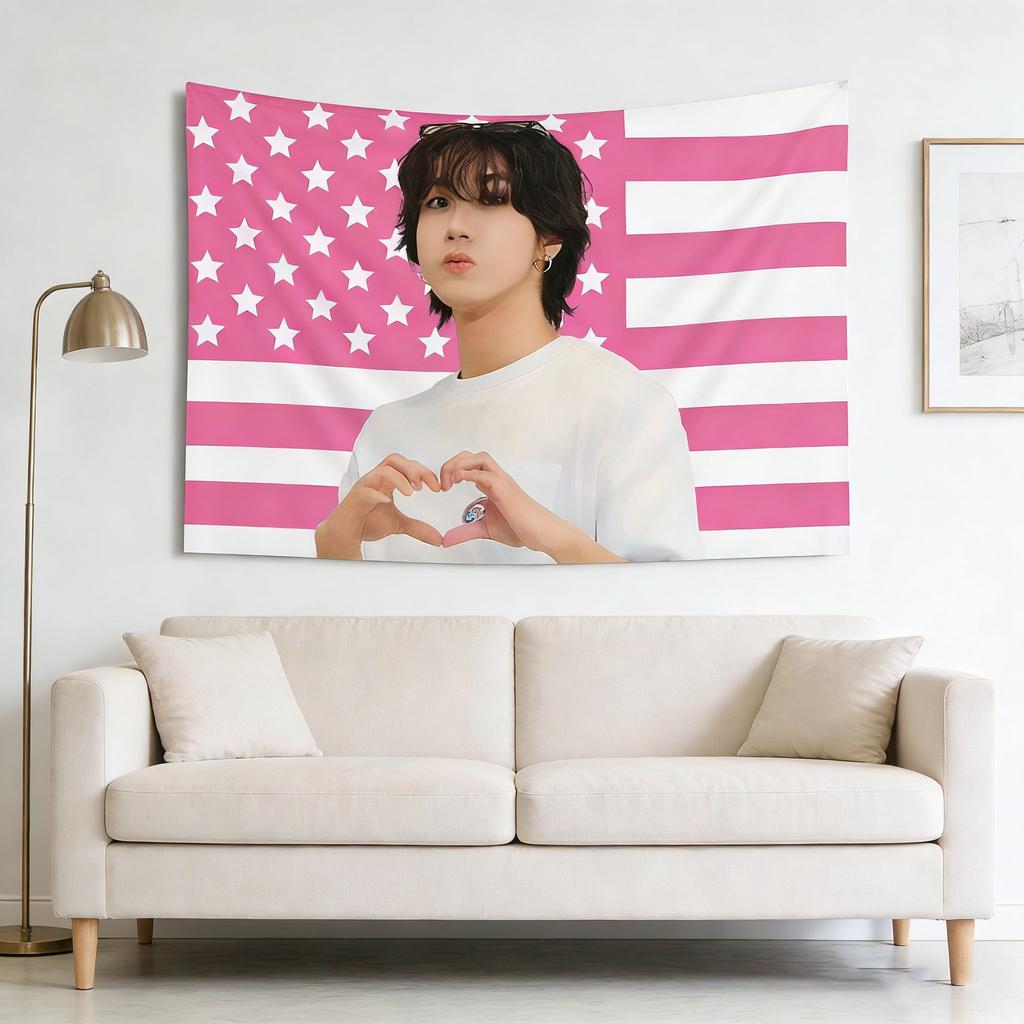 Han Jisung Pink American Flag Tapestry Finger Heart Wall Decor Durable Polyester Ideal Stray Kids Fan Gift Art
