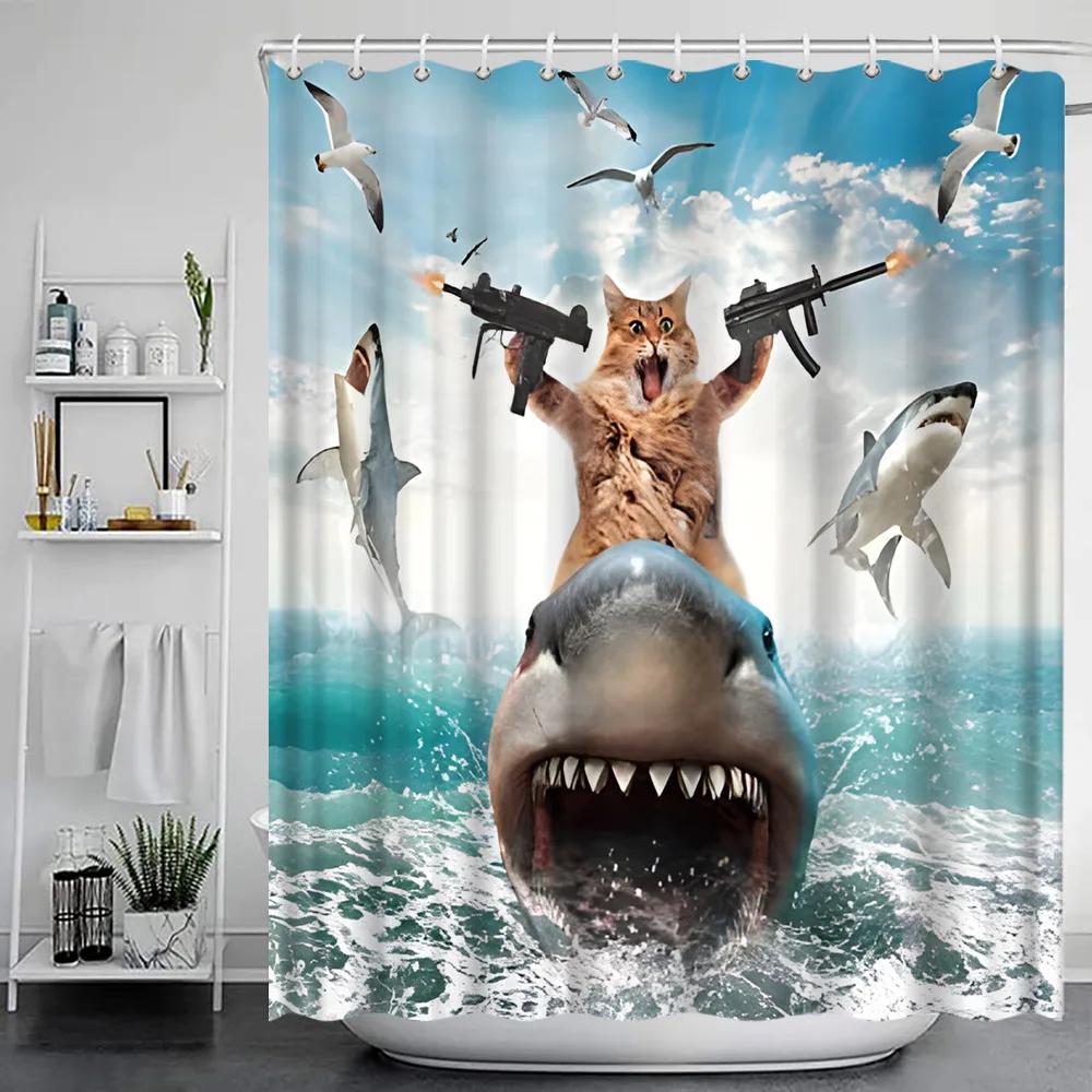 Cartoon Animal Shower Curtains Funny Bathe Dinosaur Cute Black Pet Cat Flower Plant Leaves Kids Bathroom Decor Cloth Curtains