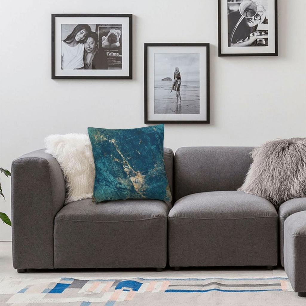 Turquoise Teal Blauw Marmer Vierkante Kussensloop Polyester Linnen Fluweel Bedrukt Rits Kussenhoes Bank Zitkussenhoes