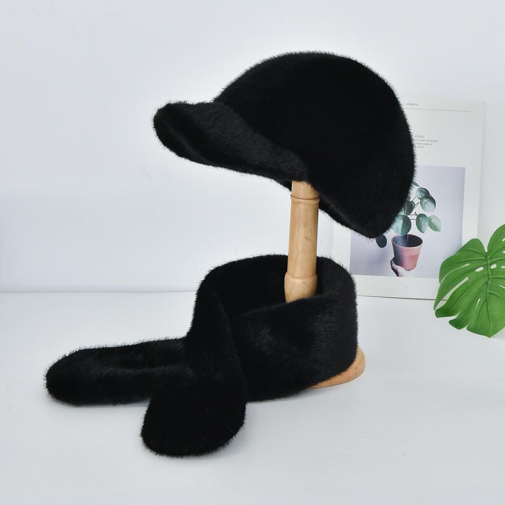 Autumn Winter Women's Faux Mink Fur Baseball Cap, Faux Fur Warm Hat Scarf Set 2Pcs, Outdoor Travel Lady Cap & Scarf Combo