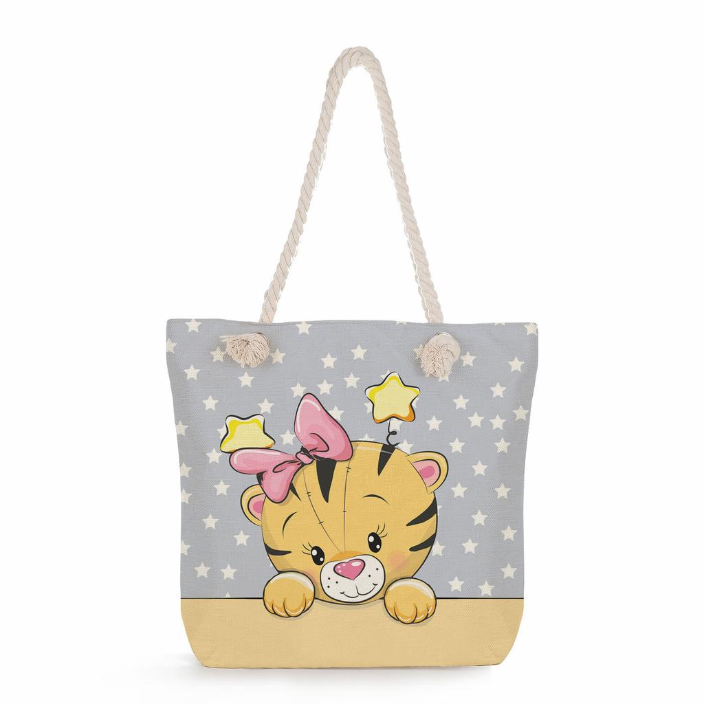 Cartoon animals print thick rope single-shoulder beach bag 7270 KTB