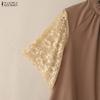 ZANZEA Women Casual Round Neck Lace Splice Short Sleeve Blouse Summer