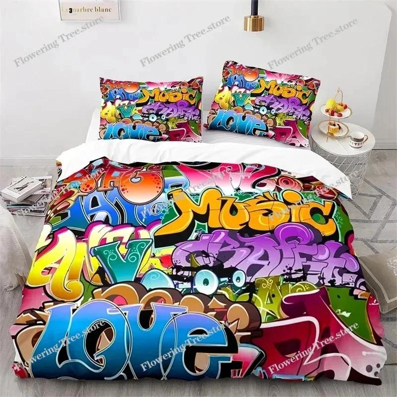 Graffiti Hip Hop Modern Street Art Bedding Set Boys Girls Twin Queen Size Duvet Cover Pillowcase Bed Kids Adult029