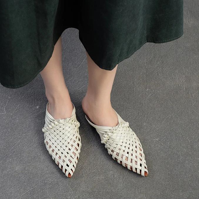 Johnature Ručně vyráběné tkaní Pantofle se špičatou špičkou na nízkém podpatku Prodyšná móda Dámská obuv z pravé kůže