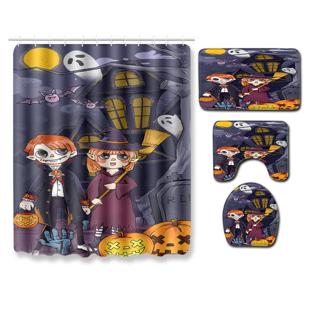 Halloween Shower Curtain Floor Mat Combination Four-Piece Set Bathroom Toilet Carpet Shower Room Foot Mat