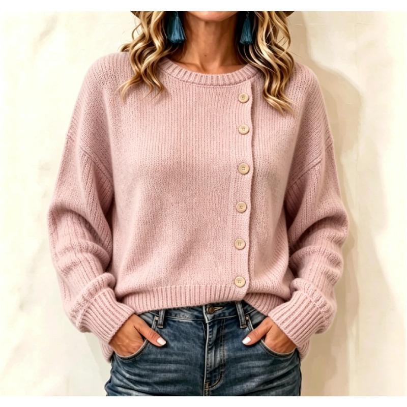 Women S Long Sleeve Knit Sweater Solid Color Loose Fit Button Detail Casual Wear