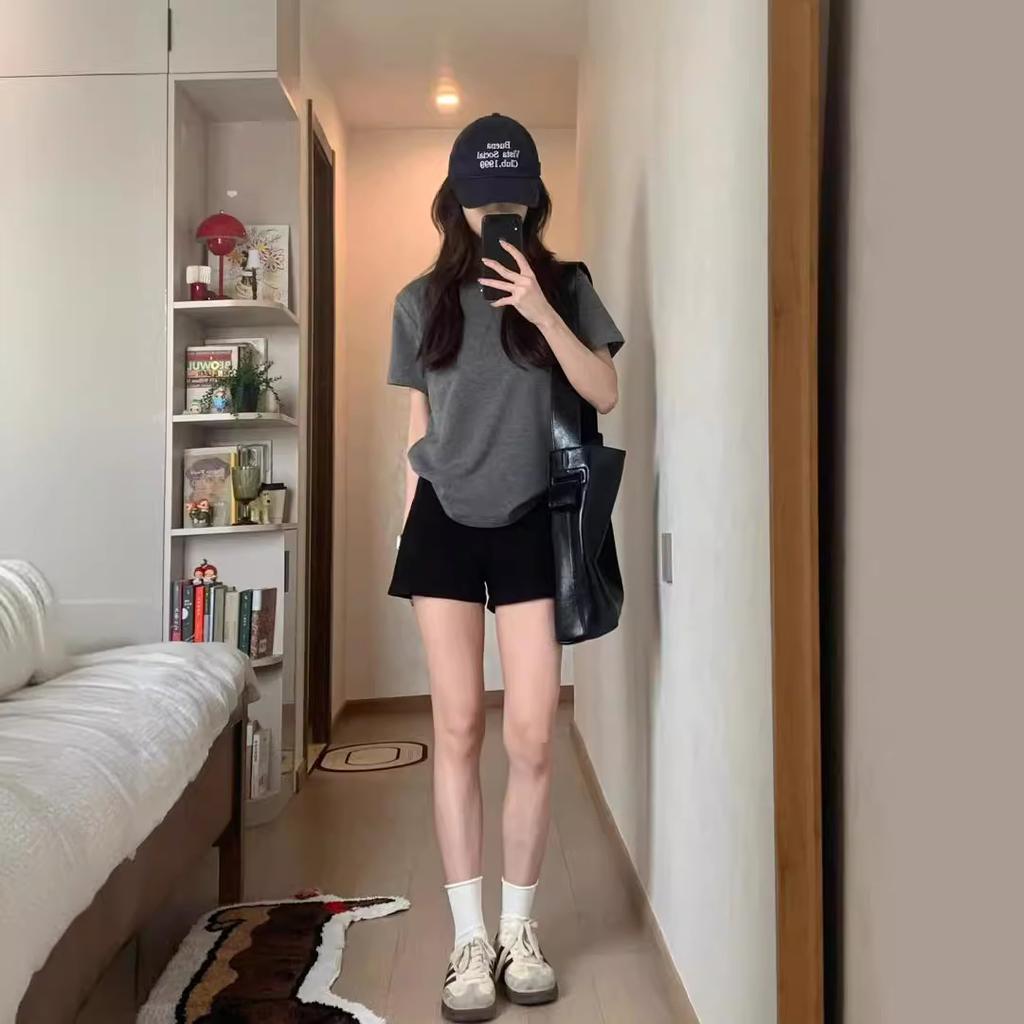 Basic Shoulder Pure Cotton T-shirt Women's Summer Casual Versatile Korean Version Gray Short-sleeved Ins Trendy Thin Loose Top