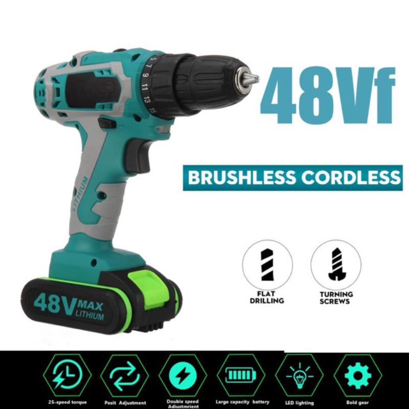 48V Dual Speed Brushless Cordless Electric Impact Drill Hammer Screwdriver LED Lighting