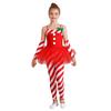 Girls Christmas Candy Cane Costume Sleeveless Striped Tulle Peplum Jumpsuit Santa Claus Dancewear Arm Sleeves