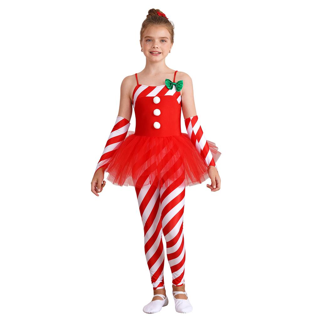 Girls Christmas Candy Cane Costume Sleeveless Striped Tulle Peplum Jumpsuit Santa Claus Dancewear Arm Sleeves