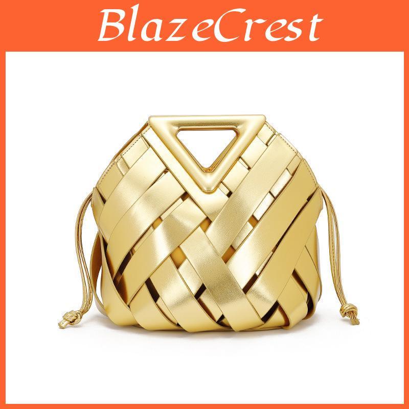 Womens Triangle Buckle Woven Magnetic Handbag Large Capacity Crossbody Bag