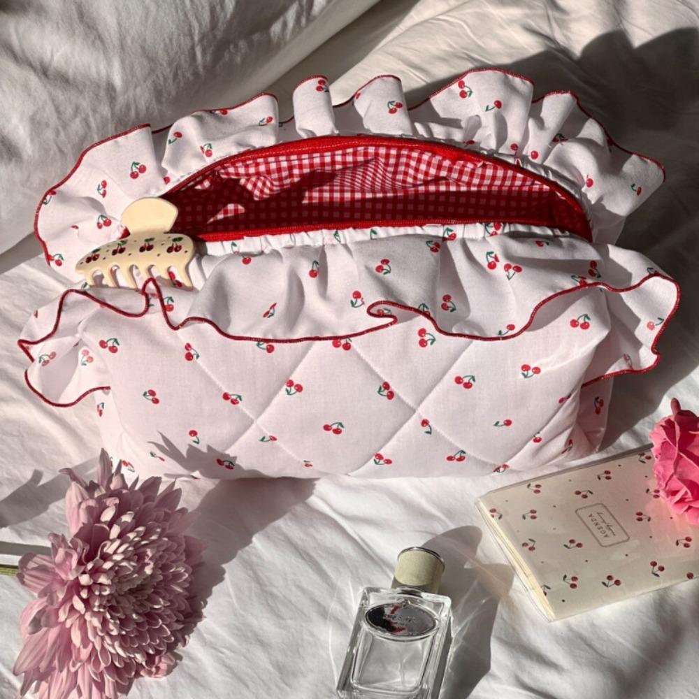 Large Capacity Ruffle Makeup Bag Cherry Printed Wash Storage Bag Sweet Toiletry Organizer Skincare
