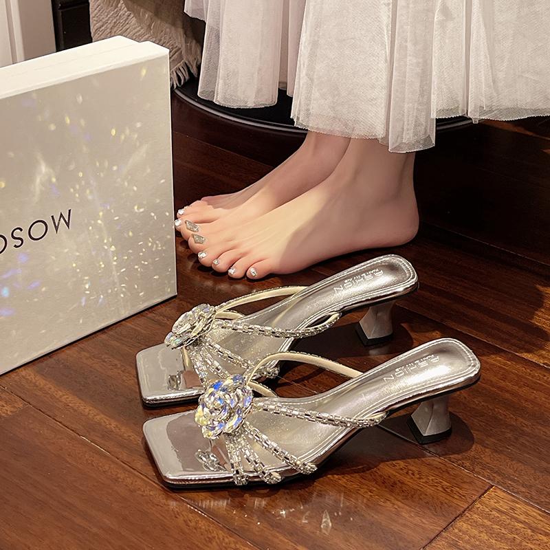 New Style Popular Summer Women's Silver High Heels Women's Crystal Flower Slippers Summer Women's Beach Shoes Zapatos Mujer