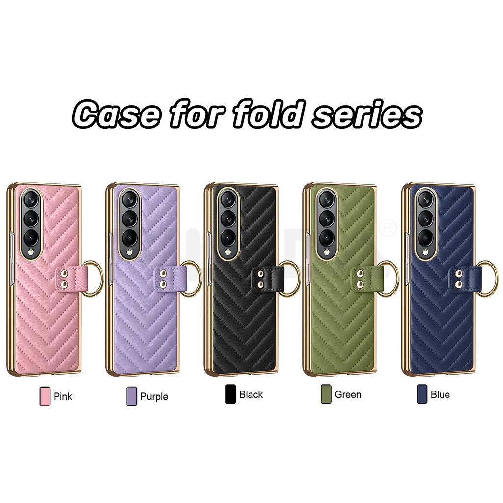 Elegant Plating Leather Ring Bracket for Samsung Galaxy Z Fold 6 5 4 3 Magnetic Case with Tempered Film Folding Shockproof Cover