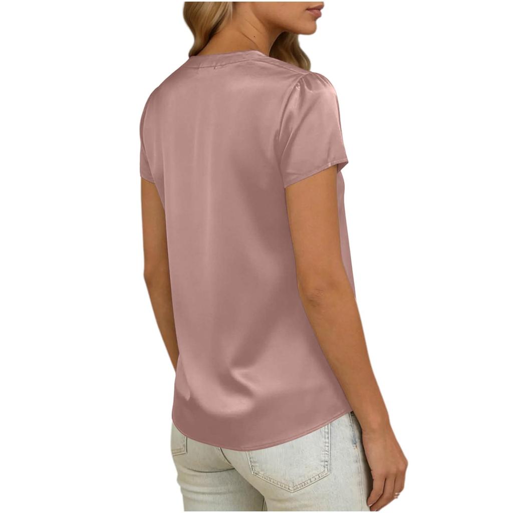 Women's Satin Short Sleeve Casual Blouse V Neck Button Detail Relaxed Fit Lightweight Top for Everyday Wear