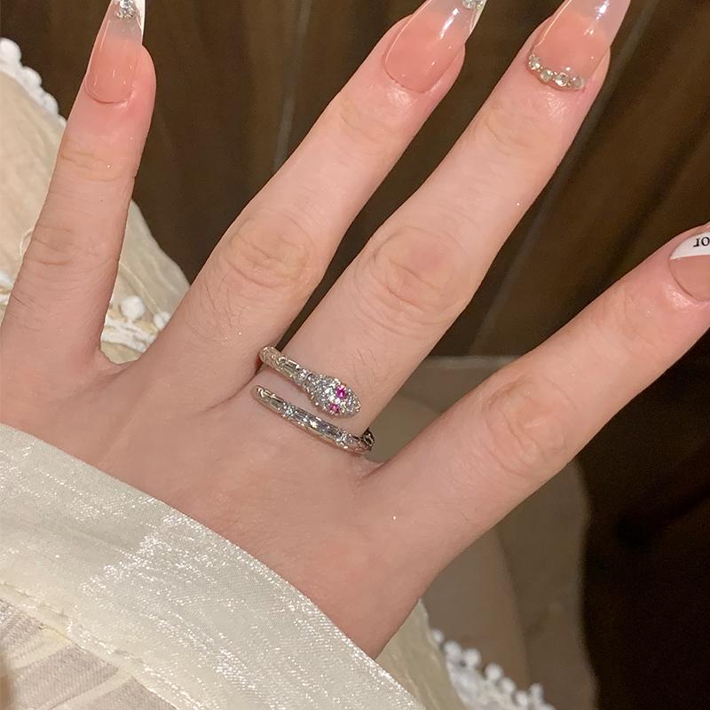 Elegant Pink Diamond Snake Open Ring for Women - Luxury Niche Design, Perfect Birthday Gift