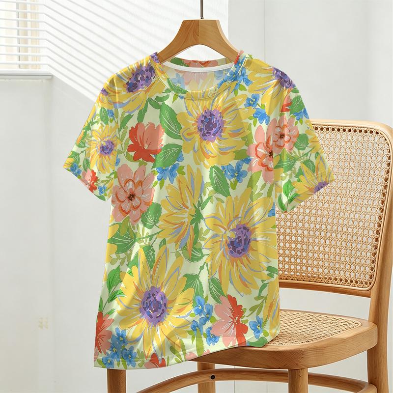 Women's Ins Style Colorful Floral Short Sleeve Top - Soft Fabric Loose Fit Casual Versatile Daily T-Shirt
