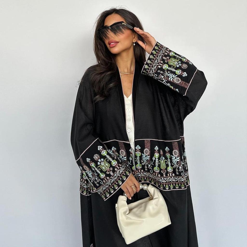 Ladies' Embroidered Floral Cardigan Robe - Dubai Style Muslim Wear