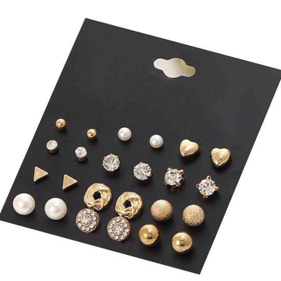 

12 пар/комплект імітації перли, серця, кохання, корони, трикутника, сережки-гвоздики, жіночі ювелірні вироби золотистий