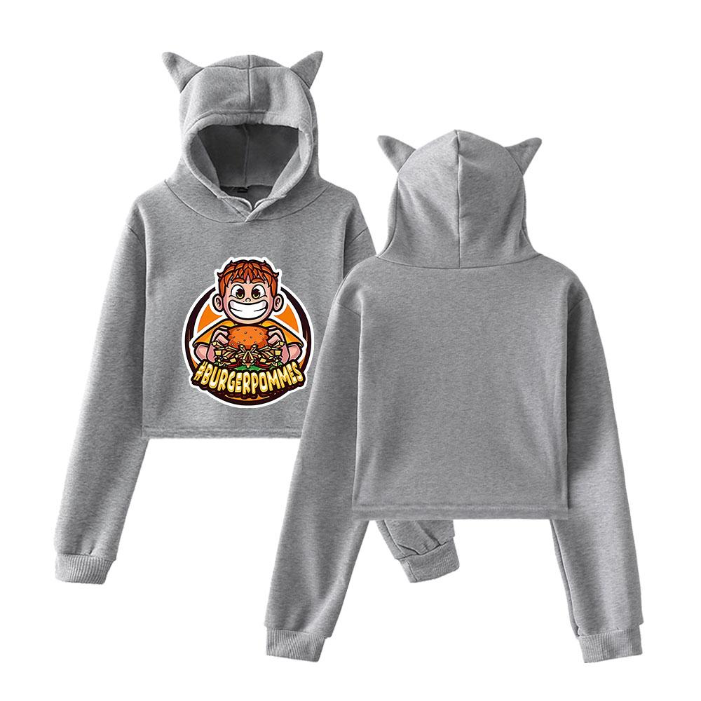 Icrimax Burgerpommes Pullover Girls Casual Cat Cropped Hoodies Female Long Sleeve Sweatshirts Crop Top Women's Hoodie Sexy Tops