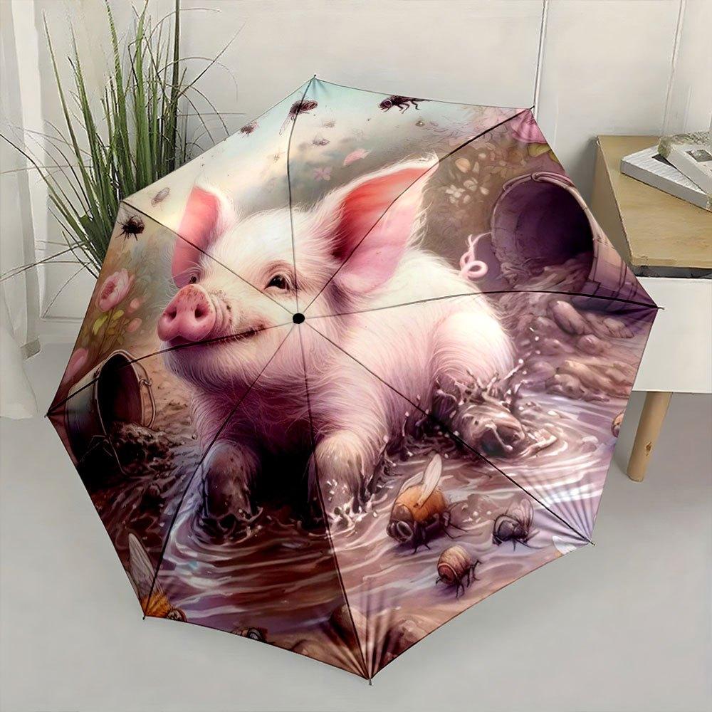 Folding Umbrella with Smiling Pig & Muddy Puddle Design - Automatic Open/Close, Compact Travel Umbrella with 8-Rib Sturdy Fram
