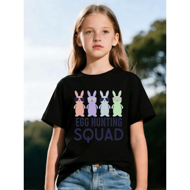 European Size Childrens Crew Neck Short Sleeved T Shirt with Bunny and Egg Hunt Team Pattern