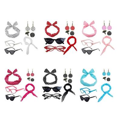 Damen 50er Jahre Kostüm Zubehör Set Gepunktete Ohrringe Katzenaugen Brille Haarreif Partyzubehör