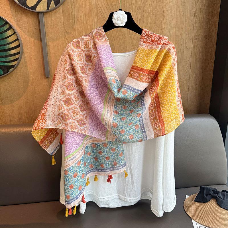 Rainbow Ethnic Style Cotton Linen Scarf For Women Elegant Office Air Condition Shawl