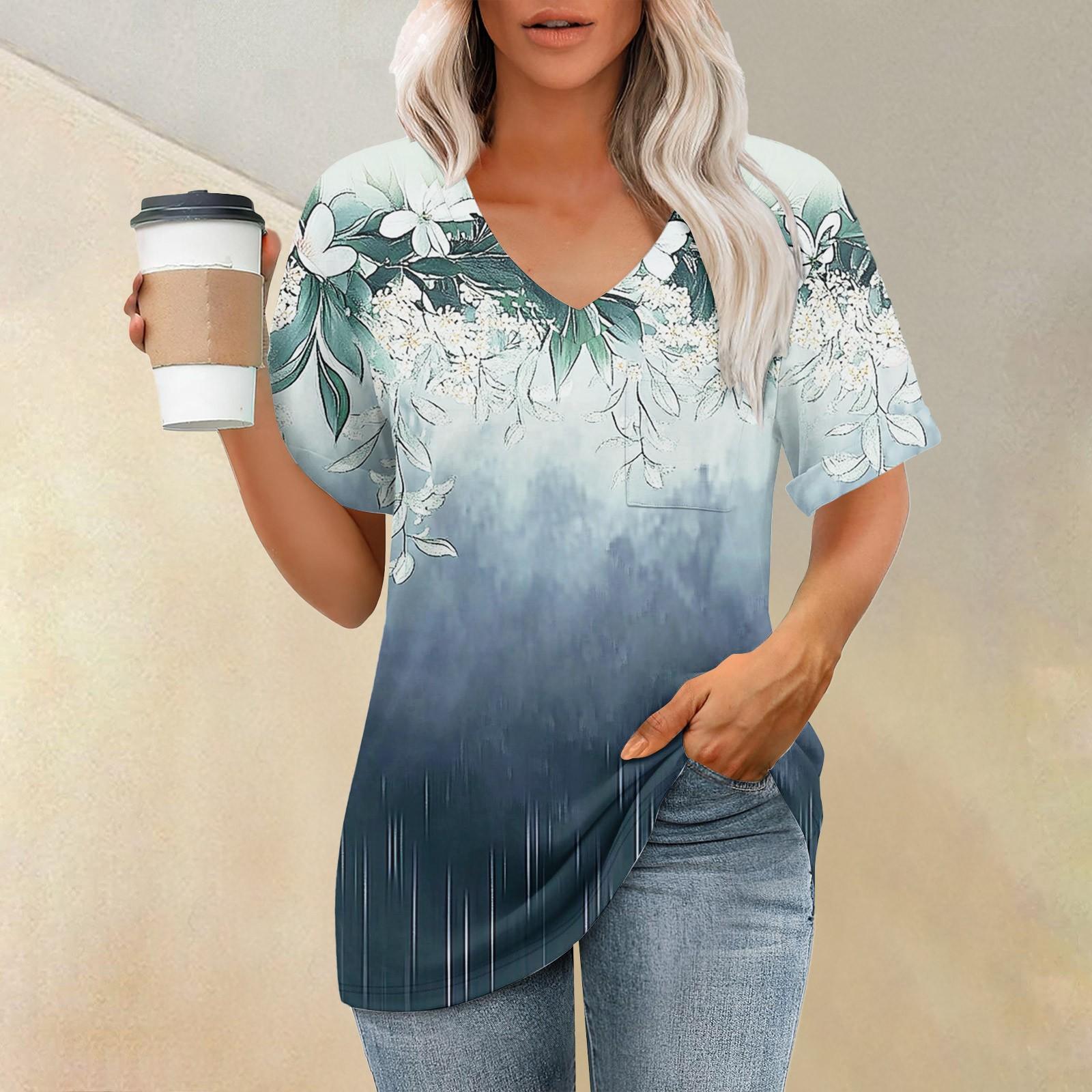 

Женская модная футболка с коротким рукавом и V-образным вырезом с карманом и цветочным принтом L