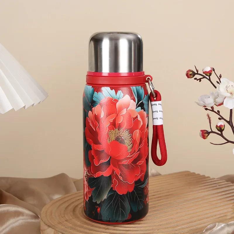 Retro and Bustling High-value Insulated Cup with Creative Rose Pattern Double-layer Water Cup Car Portable Drawstring Stew Cup