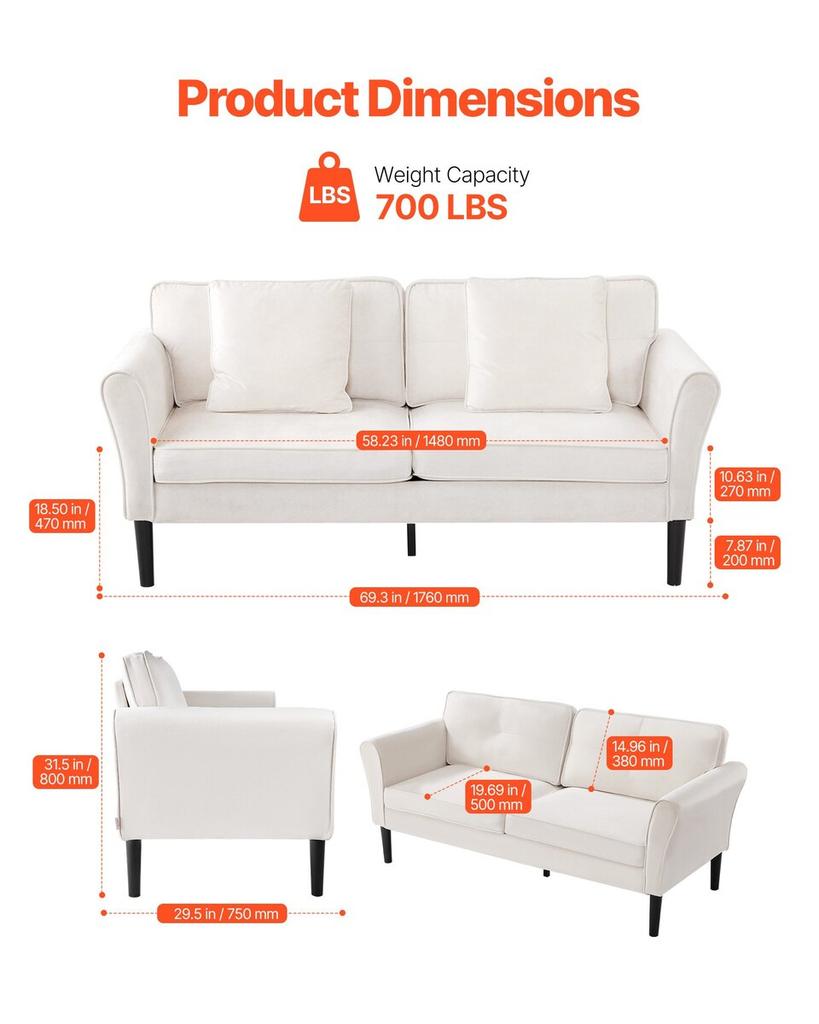 Loveseat Sofa, 176 Cm Small Sofa Couch for Living Room, Velvet Fabric 2-Seats Couch with Sinuous Spring, Soft Cushions and Sturdy Frame, Comfy