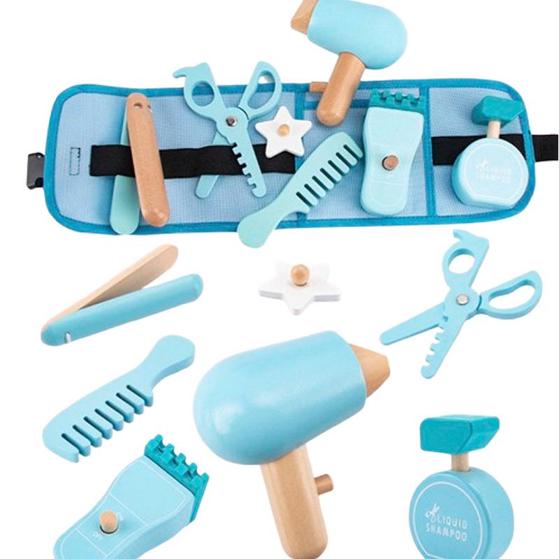 Kids Pretend Play Toy Wooden Simulation Hair Cutting Bag Role Playing Educational Toys 3-6 Year Old Children's Waist Bag Set