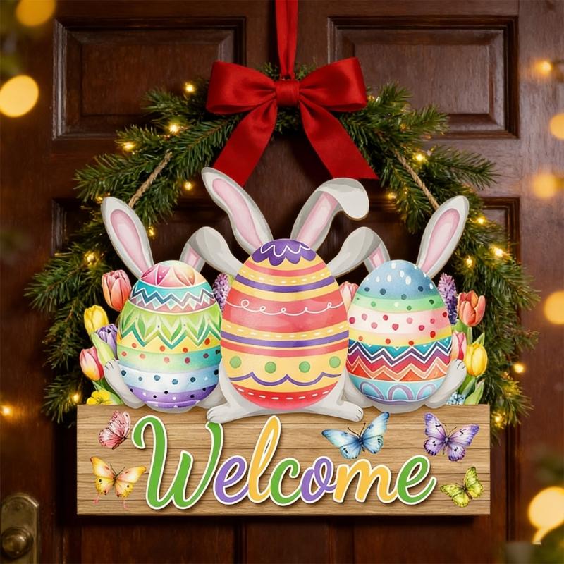 Easter Wooden Welcome Sign with Spring Flowers Rabbit Designs for Door Decoration Hanging Ornament