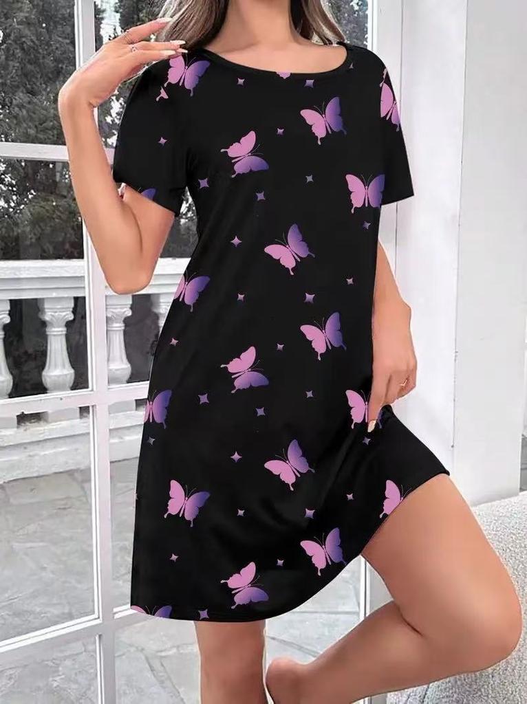Women Round Neck Short Sleeve Pajama Dress, Butterfly Print Comfortable Casual Loungewear T Shirt Dress