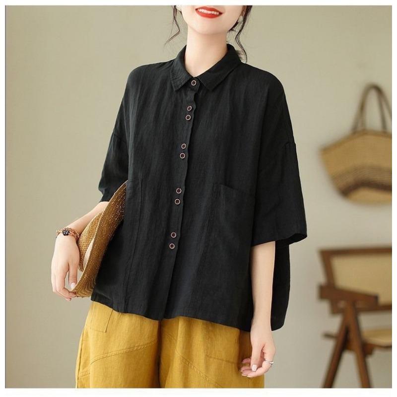 Womens Linen Cotton Button Up Blouse Casual Short Sleeve Pocket Shirt M чёрный