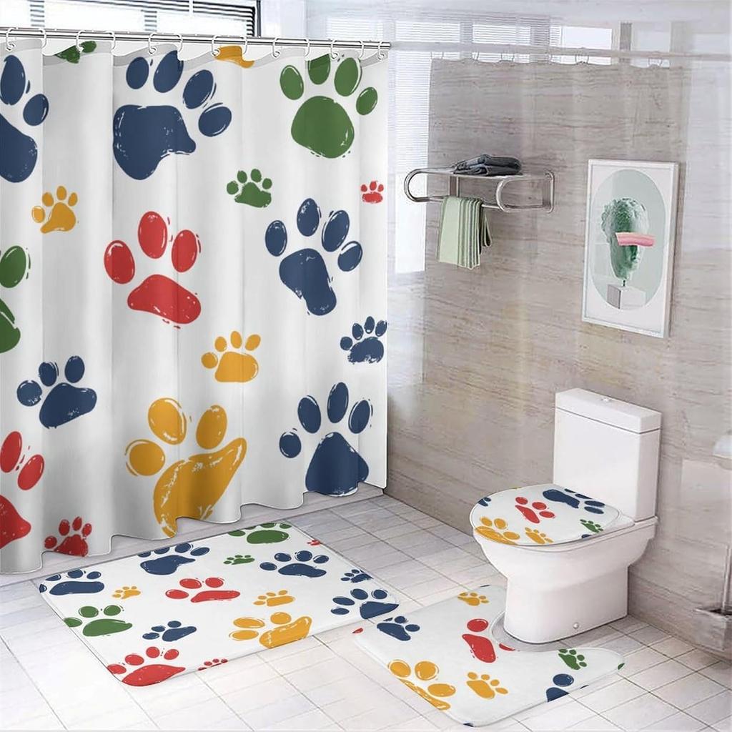 Bathroom Curtain And Rug Set, Colorful Paw Prints Pattern Printed On Bathroom Decor Sets With Shower Curtains And Rugs,