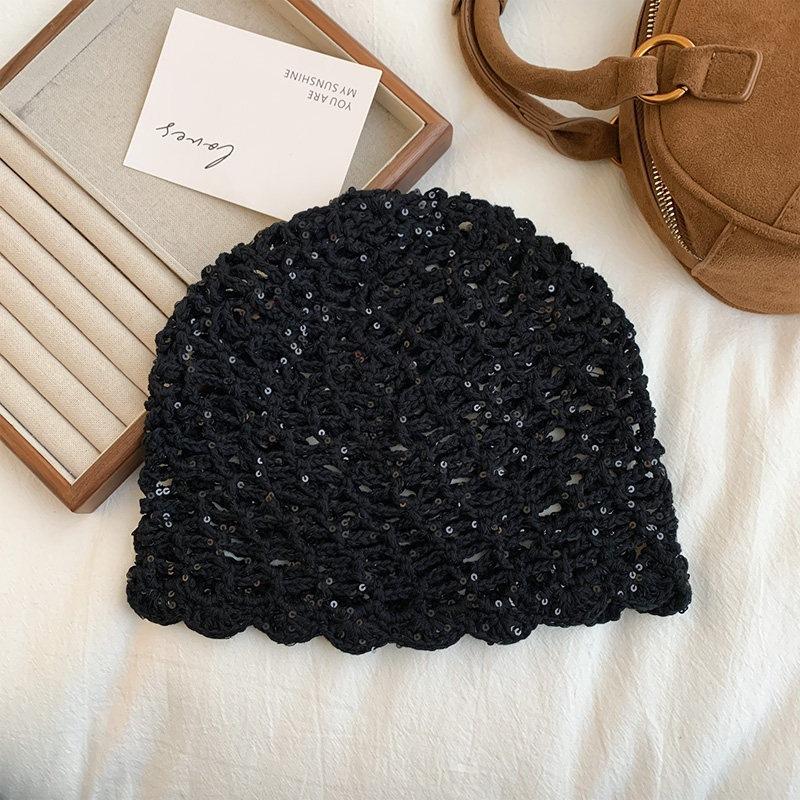 Japanese Hollow Sequins Handmade Knitted Pullover Hat Women'S Spring And Summer Travel Photo Atmosphere Fashion Bag Head Hat