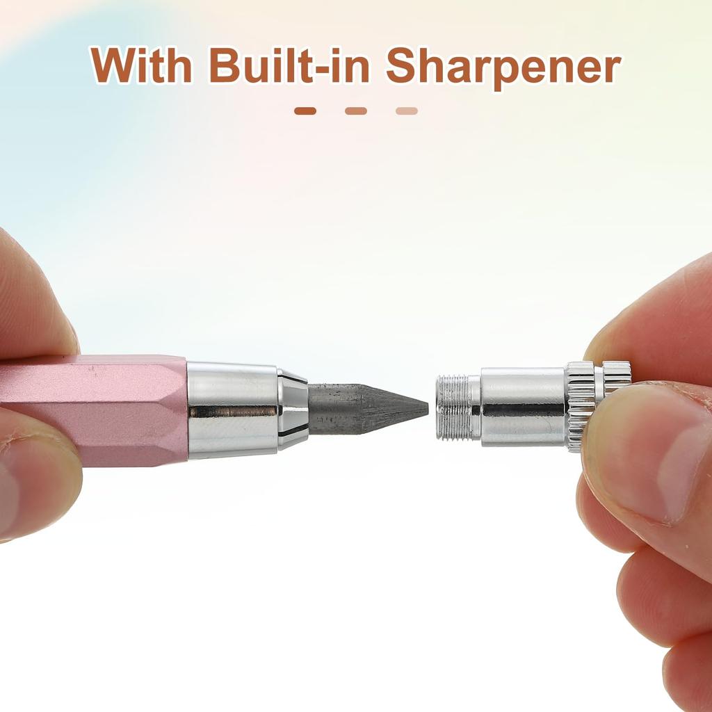 PATIKIL 2-Piece 5.6mm Mechanical Pencil with Large Automatic Metal Holder and Sharpener, Graphite, for Art, Sketching, Woodworking, Pink
