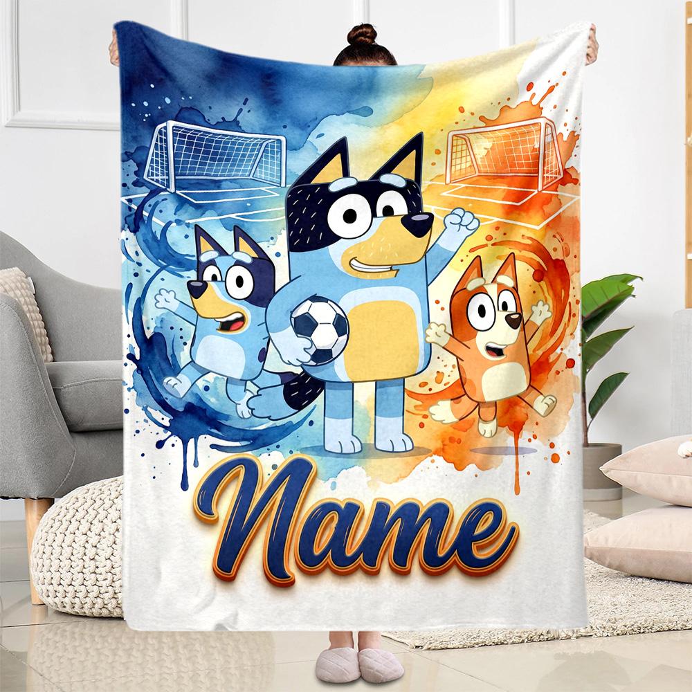 Soccer Fun Bluey Customize Text Blanket Throw Customizable Blanket Soft & Cozy Suitable for Bed Home Decor Couch Office Ideal for All Seasons