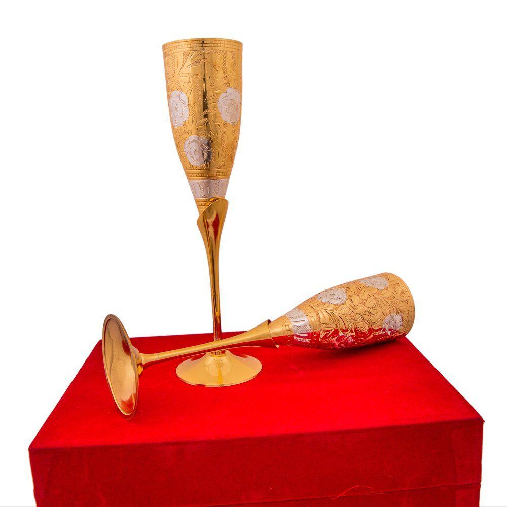 Silver and Gold Plated Brass Wine Goblet/Wine Glasses Set of 2 Pieces (Gold Plated Wine Glass Set)