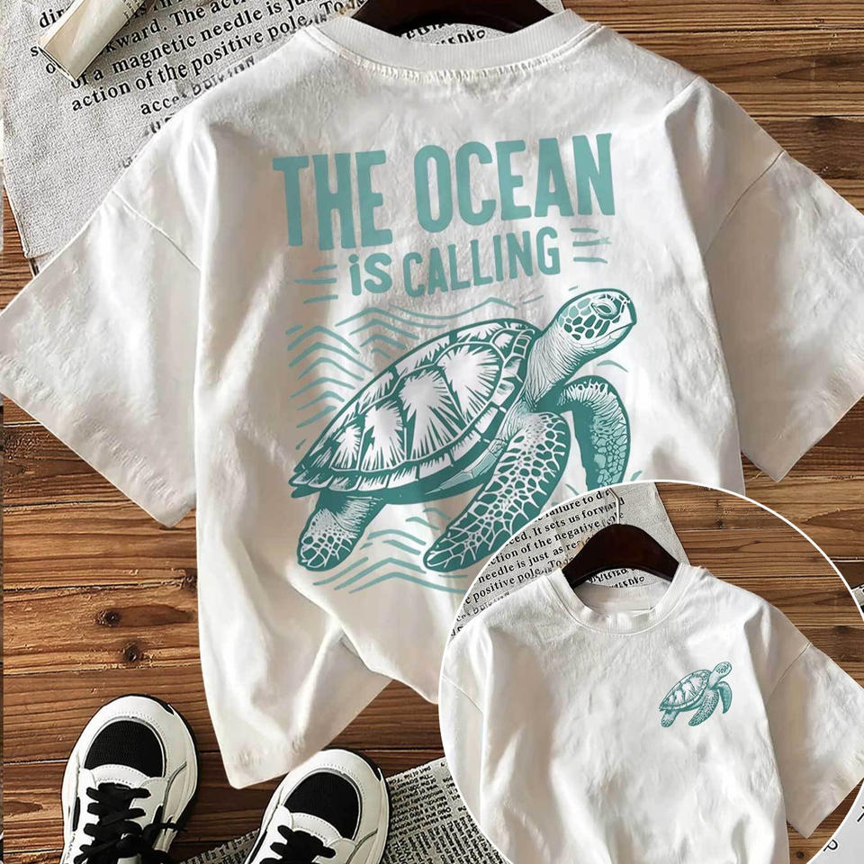 Das Meer Ruft Meeresschildkröte Grafik T-Shirt Damen Herren Sommer Lässig Kurzarm Rundhals Locker T-Shirt Harajuku Strand Oberteil