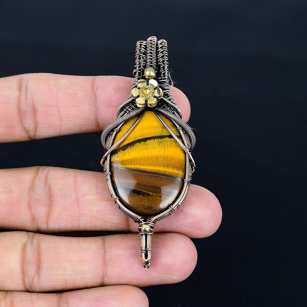 Tiger Eye Pendant, Handmade Gemstone 999 Copper Wire Wrapped Pendant Antique Jewelry, For Gift Silver Jewelry